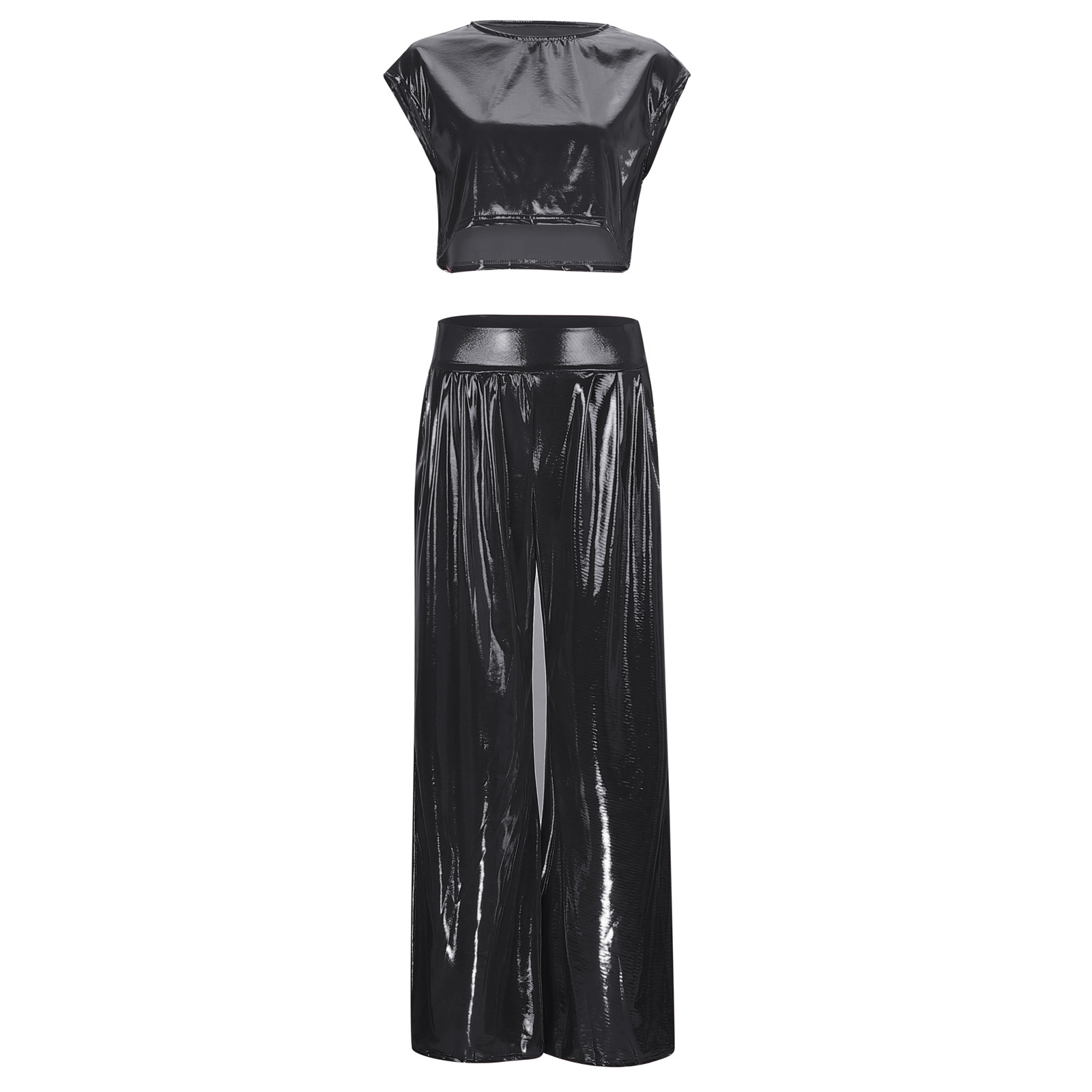 thumbnail image 5 of Conjunto de dos piezas para mujer con chaleco brillante y pantalones anchos: conjunto de top corto sin mangas y cuello redondo, tallas S-XXXXXL, 5 of 8
